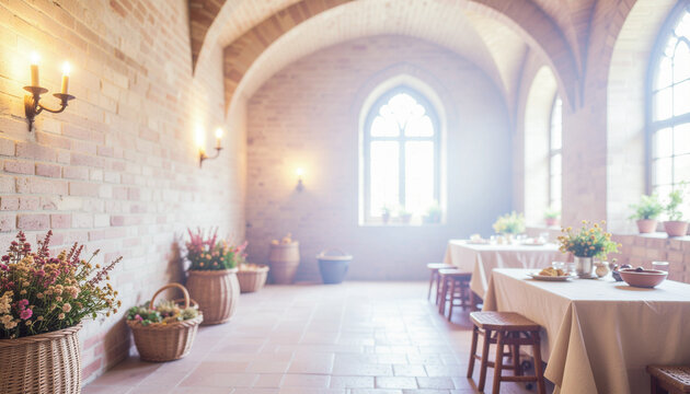 Rustic medieval dining hall interior with brick walls, arched ceilings, and bright sunlight streaming through windows
