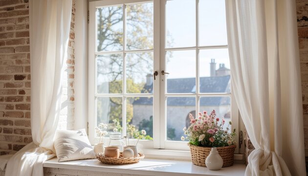 Charming European country house window with a view of old village buildings and flowers on a sunny sill
