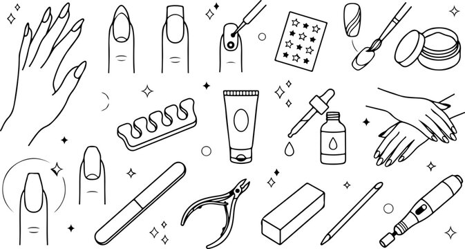Set of manicure and nail care vector line icons hand drawn doodle nail art symbols, tools, polish, file, hands and fingers isolated on white background