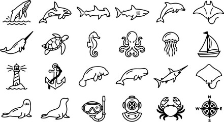 Set of marine life icons including sea animals, nautical equipment, and ocean symbols isolated on white background © Mst