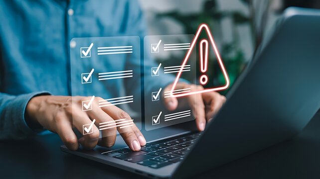 Person operates a laptop with digital warning icons and online survey checklists.