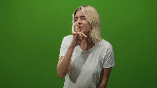 Young woman with finger to lips for silence in studio, wearing white t shirt and blonde hair, slight smirk and shushing gesture; secretive.