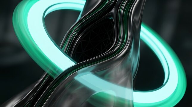 A dynamic flow of abstract shapes and glowing teal light creates a futuristic ambiance.