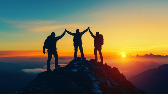 Three hikers celebrating on a mountain summit at sunrise, reaching hands in teamwork and support, symbolizing adventure, achievement, friendship, leadership, success, and outdoor challenge.