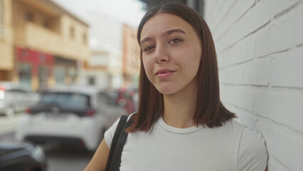 Fototapeta premium Young woman leaning against a white brick wall on a street, face turned, eyes closed and smiling with a shoulder bag strap visible; joyful ease.