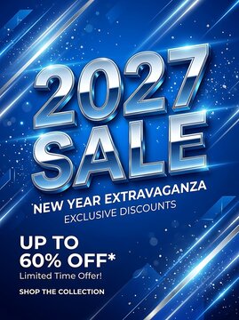 Shiny metallic 2027 sale banner for new year shopping event featuring blue glowing abstract background elements