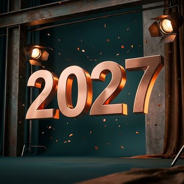 Three dimensional metallic bronze numbers representing the upcoming year twentytwentyseven in a professional studio setting