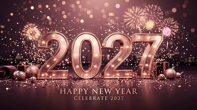 Threedimensional metallic gold 2027 numbers with festive holiday decorations and fireworks