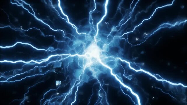 暗い空間でのスローモーションによる青いプラズマ放電の激しい爆発