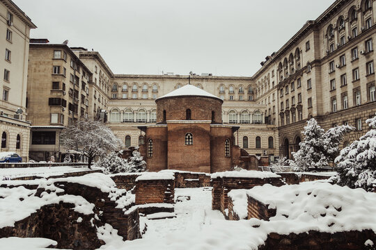 St. George Rotunda in Sofia covered in snow during winter