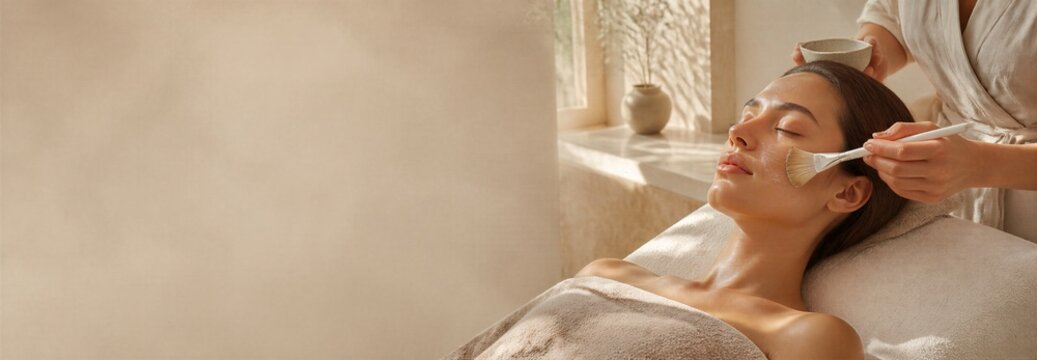 Woman receiving facial massage with brush at a beauty spa. Skincare treatment and self care concept with generous copy space for beauty banner design and wellness advertising.