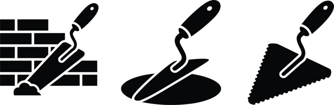 Construction trowel tool silhouette icon set with brick wall, plaster vector illustration