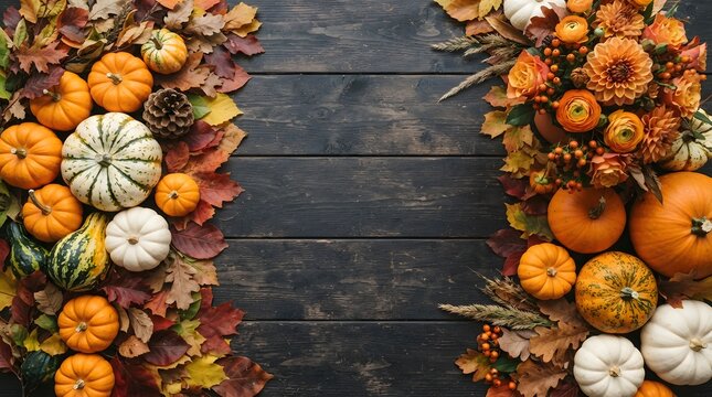 Rustic autumn border with pumpkins and fall leaves