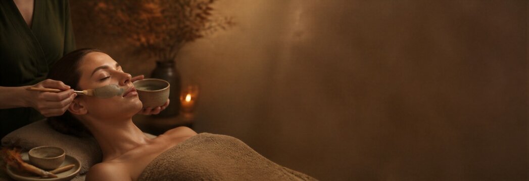 Woman receiving a relaxing facial clay mask treatment at a wellness spa. Natural skincare ritual with warm candlelight, botanical decor and copy space for beauty banner design.