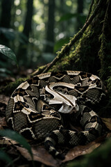 Naklejka premium Camouflaged Gaboon Viper rests on leafy forest floor, patterned scales blending with dappled light. Snake remains coiled, head alert, unique appearance in rainforest habitat, conservation concerns