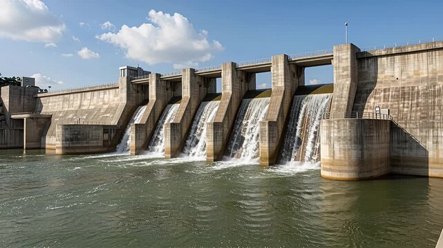 dam spillway gates releasing water at concrete hydro dam under blue sky