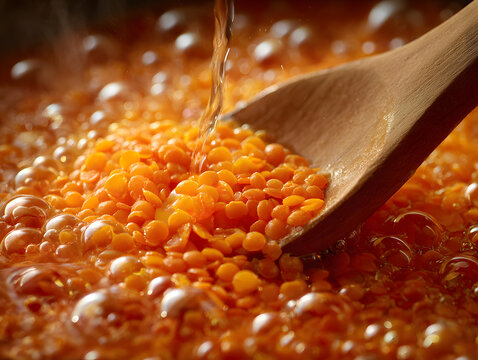 Red lentil cooking in simmering orange broth with wooden spoon stirring vibrant bubbles and warm texture