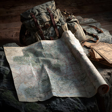 Old topographic map unfolded on rock with canvas backpack and vintage field guides, soft warm light and rugged travel gear evoke adventure and exploration
