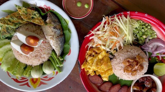 Traditional Thai rice dishes, Khao Khluk Kapi and chili paste paste mackerel