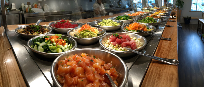 Fresh poke bowl ingredients arrayed in stainless bowls on long counter with diced salmon, tuna, vegetables, and toppings for customizable bowls in bright casual restaurant setting