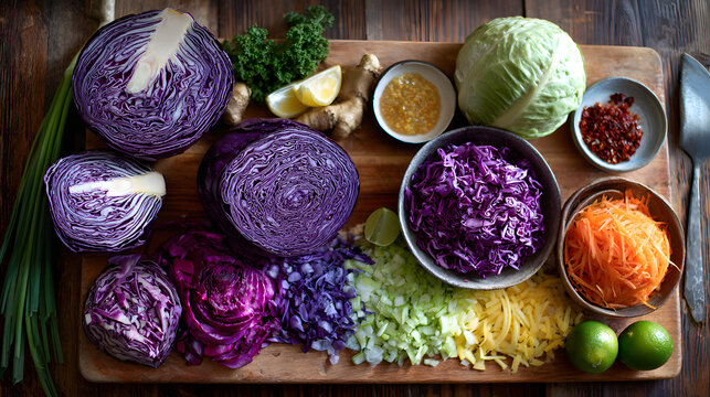 Fresh purple cabbage and green cabbage on wooden board with shredded cabbage, grated carrot, chopped onion, lime, lemon, ginger and seasonings arranged for salad prep and vibrant plating