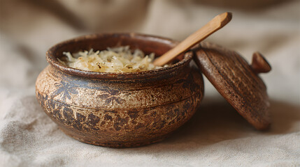 Fototapeta premium Rustic sauerkraut clay pot with wooden spoon on linen, fermented cabbage in textured earthenware evoking traditional homemade comfort and natural preservation