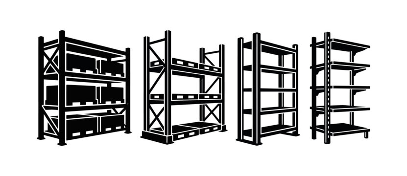 Black and white vector illustration showing sets of industrial metal shelving units