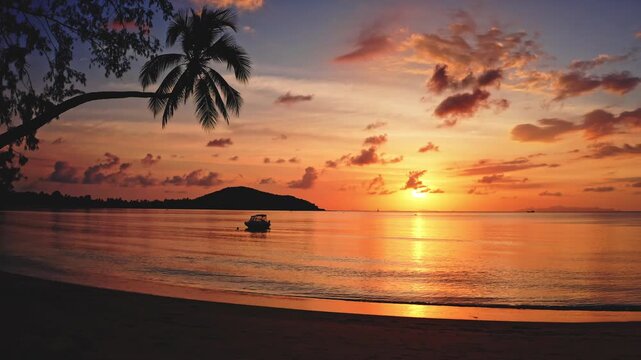 Samui tropical paradise landscape. Golden sunset over horizon creating a vibrant orange and blue sky reflected on the calm ocean water with a silhouetted palm tree and a boat anchored near the shore