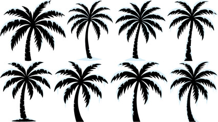 Fototapeta premium Unique winter atmosphere with vector solid black Palm Tree silhouettes set covered in ice. Ideal for plants and trees artwork, seasonal and weather illustrations, winter palm trees with ice.