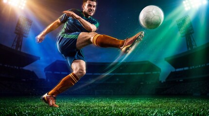 Naklejka premium Soccer player kicks the ball powerfully during a dramatic game moment.