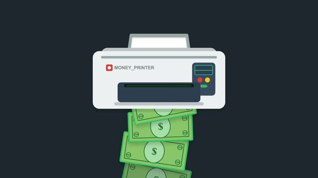 Illustration of a money printer creating new dollar bills, symbolizing economic policies or wealth generation