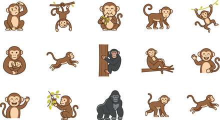 Fototapeta premium Cute Cartoon Monkeys Primate Character Asset Sheet Featuring Playful Chimps Gorilla And Baboons Hanging Swinging Eating Bananas Climbing Running And Waving PosesCute Cartoon Monkeys Primate Character 