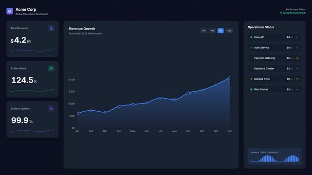 Modern digital operations dashboard showcasing business revenue growth and system performance metrics.
