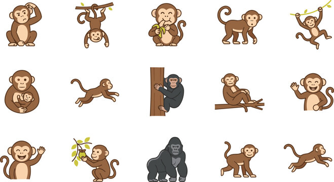 Cute Cartoon Monkeys Primate Character Asset Sheet Featuring Playful Chimps Gorilla And Baboons Hanging Swinging Eating Bananas Climbing Running And Waving PosesCute Cartoon Monkeys Primate Character 