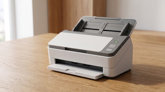 Modern desktop document scanner on a wooden table in a bright office