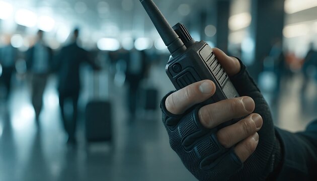 Security guard holding walkie talkie at airport