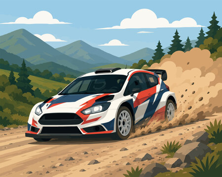 Vsai rally car speeding on dirt track kicking up dust