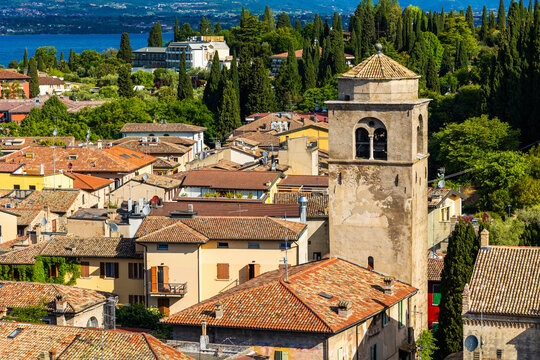 Bell tower of the Chiesa di Santa Maria Maggiore in Sirmione seen from the ramparts of the Rocca Scaligera