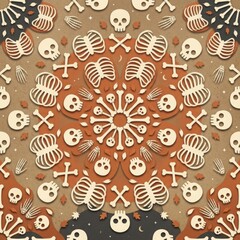 Naklejka premium Spooky Halloween mandala with skulls and bones in orange and beige tones perfect for holiday decorations and graphic design projects.