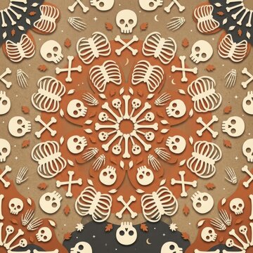 Spooky Halloween mandala with skulls and bones in orange and beige tones perfect for holiday decorations and graphic design projects.