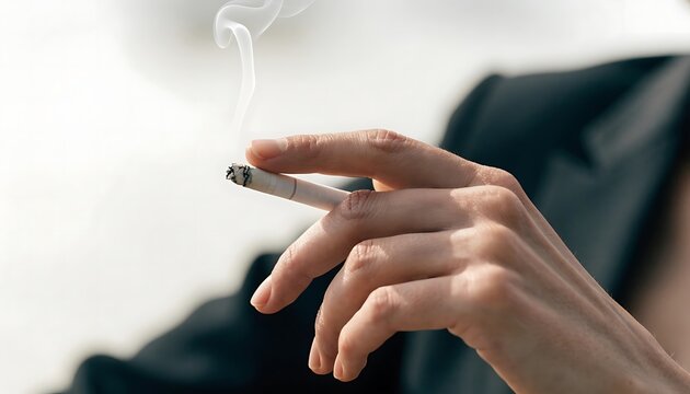 Person holding a lit cigarette with rising smoke