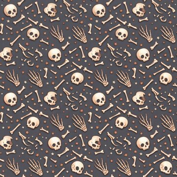 Seamless pattern of creepy skulls and bones on a dark grey background for a scary Halloween theme.