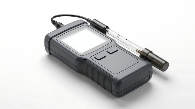 Portable digital pH meter device for water quality testing in a laboratory setting.