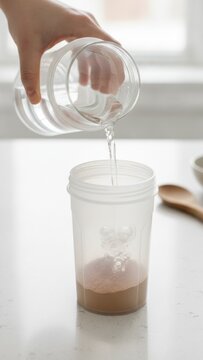 Pouring water from a glass into a protein shake shaker cup with powder