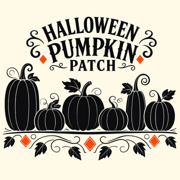 Vintage halloween pumpkin patch lettering design with black silhouettes of pumpkins and decorative border halloween pumpkins silhouettes seasonal celebration illustration template