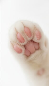 Close-up of cute white cat paw with pink toe beans and claws on white background