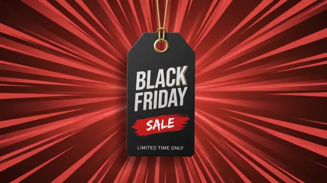 Black price tag with Black Friday Sale text hanging on a golden cord against a dynamic red ray background. Stylish promotional banner for sales, discounts, and limited-time special offers