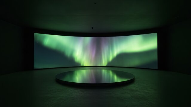 Immersive digital exhibition of aurora borealis projection with circular floor reflection