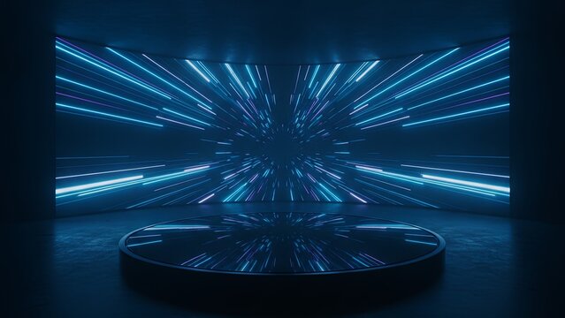 Modern circular product display podium with futuristic blue neon light motion background