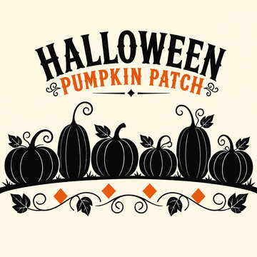Retro halloween pumpkin patch graphic with black silhouette pumpkins and ornate botanical border halloween pumpkins silhouette botanical seasonal celebration illustration template
